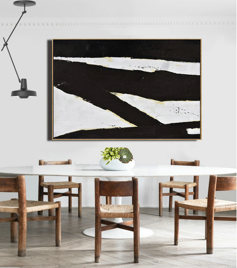 Original Abstract Painting Canvas Art,Horizontal Palette Knife Minimal Canvas Art Painting Black White Beige - Extra Large Canvas Art,Handmade Acrylic Painting